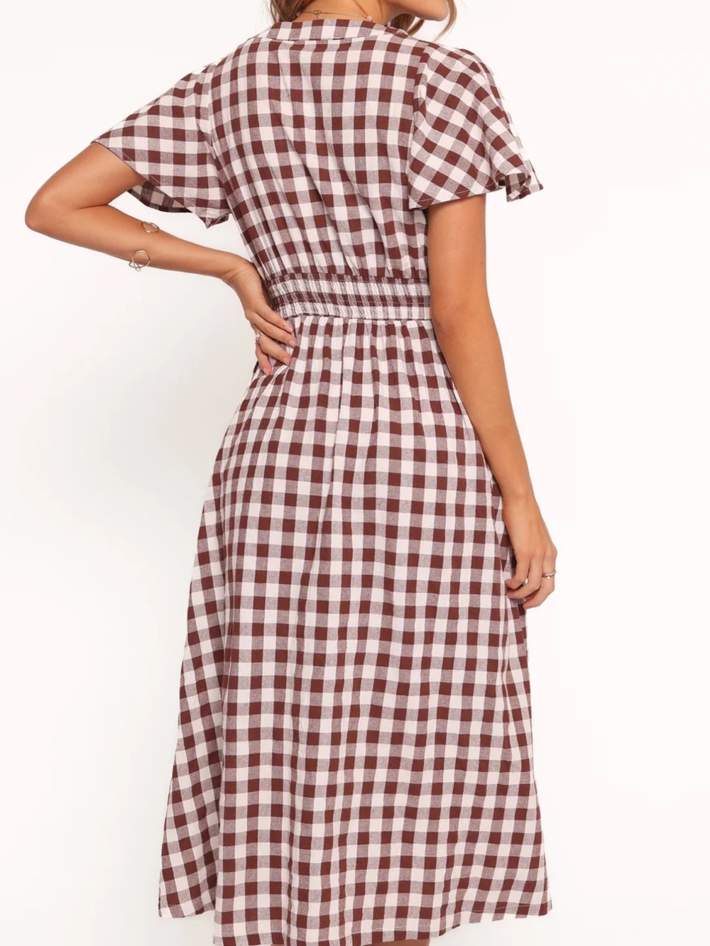 Petal & Pup Robinson Brown and White Gingham Button-Front Midi Dress - Picture 2 of 16